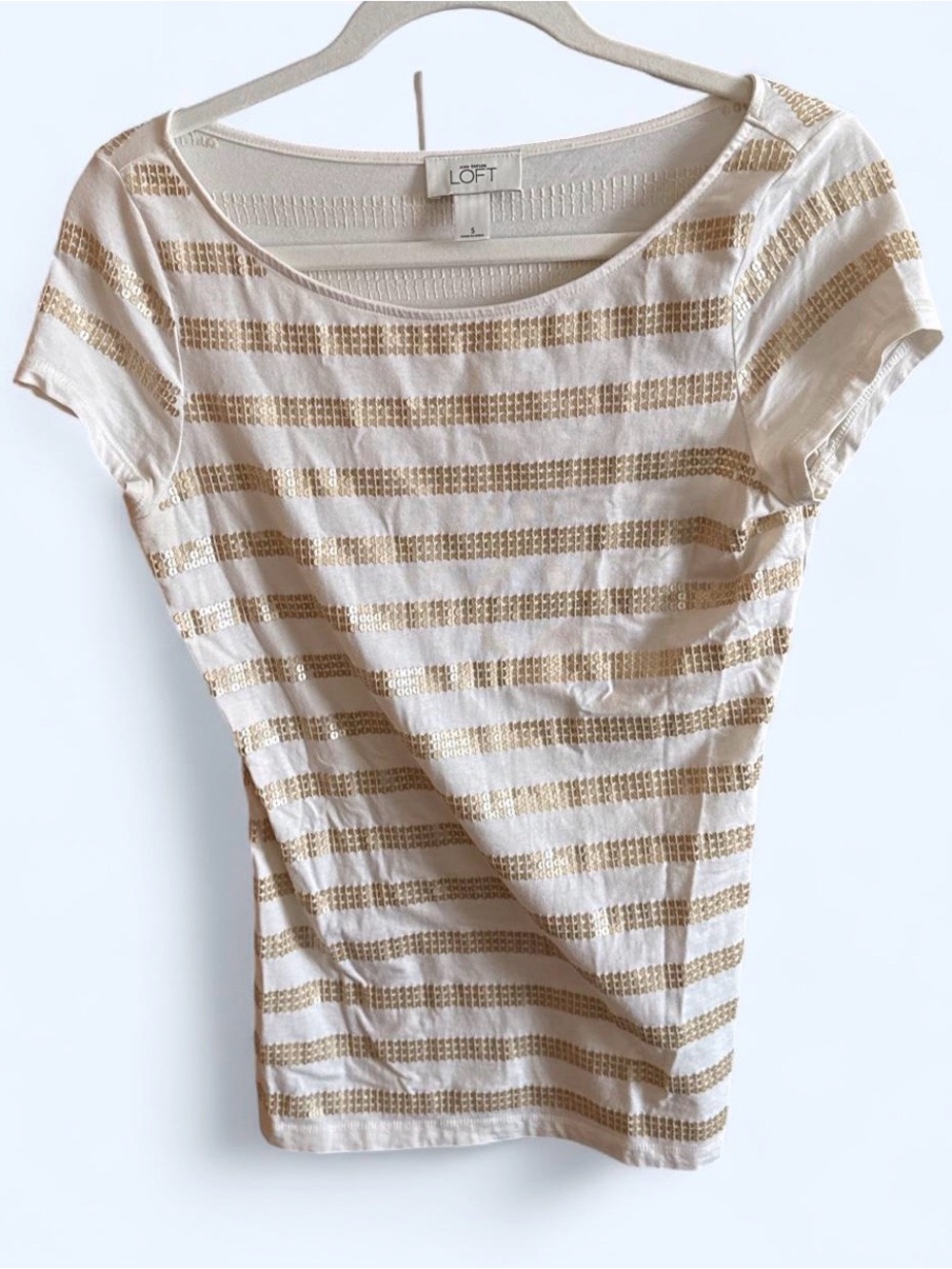 LOFT Cream and Metallic Gold Striped Short Sleeve Tee
